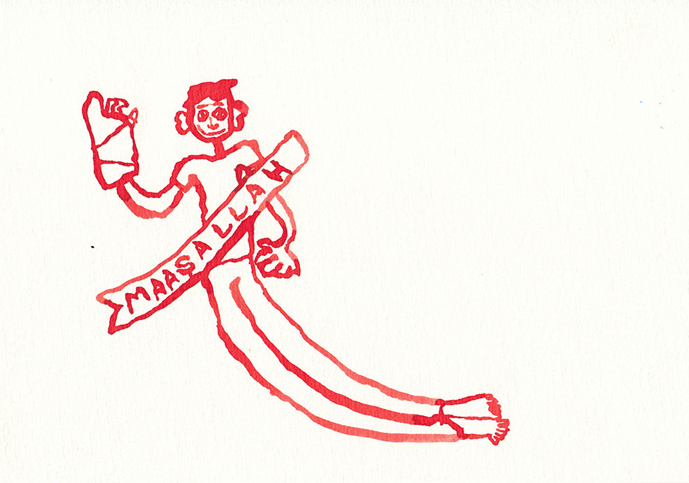 Red ink illustration of a boy with a broken finger and maaşallah robe