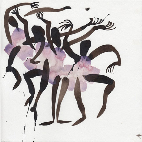 Ink and watercolor illustration of four dancers