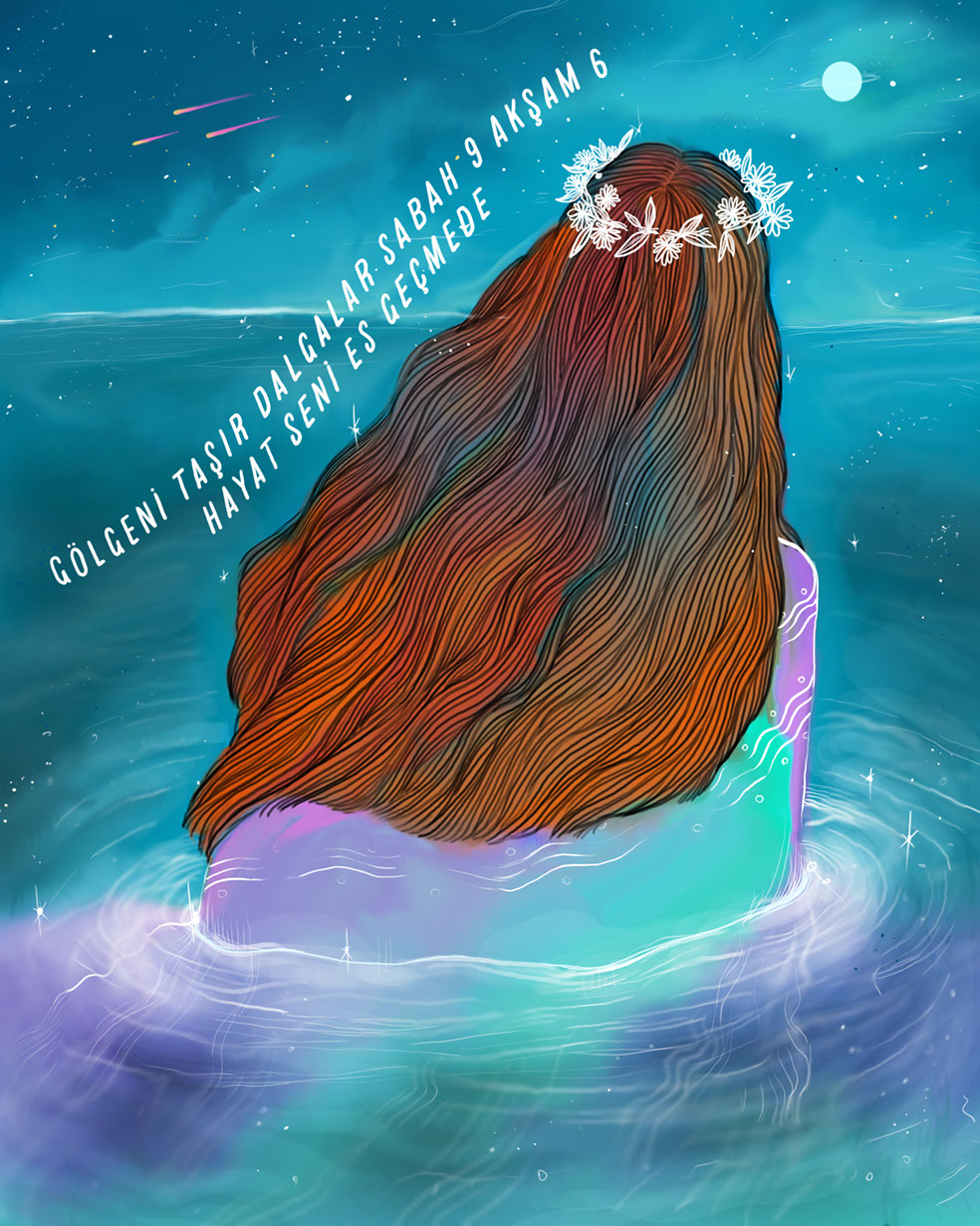 Woman wading in the ocean in moonlight under stars and meteors with flowers on her head