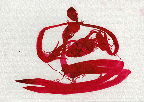 Illustration of a red figure sitting and holding an organic piece