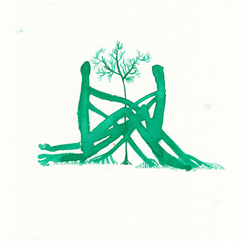 Illustration of two figures hugging a tree