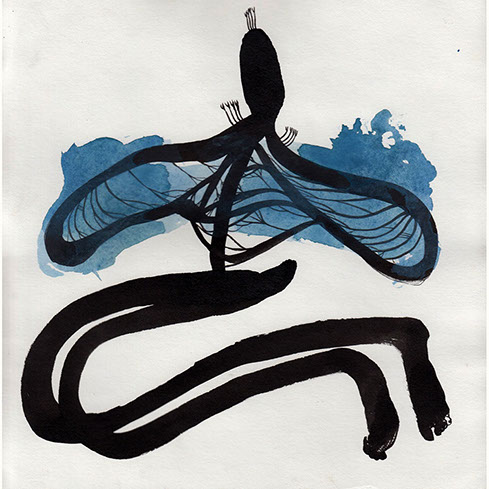 Black ink illustration of a figure with blue lungs