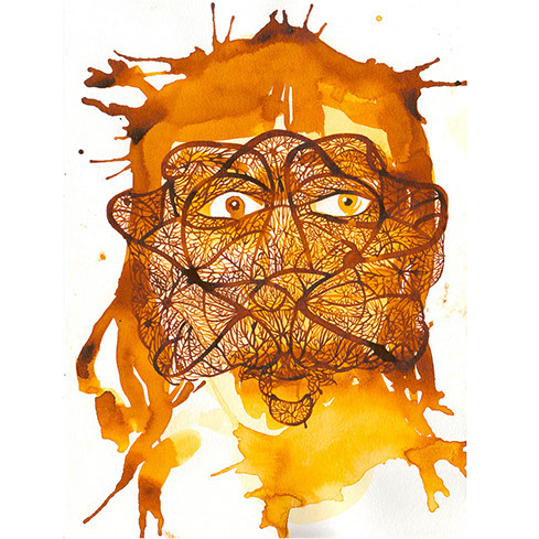 Ink illustration of a face with a lacework mask