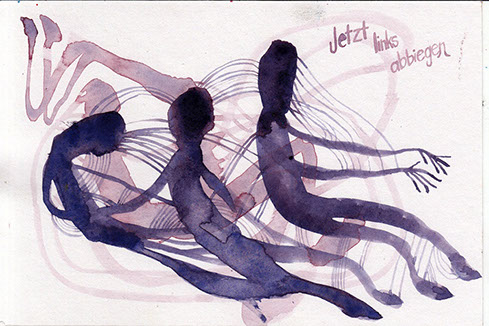 Watercolor illustration of three abstract figures in a car