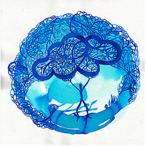 Blue ink illustration of a figure holding a cloud in lace work style