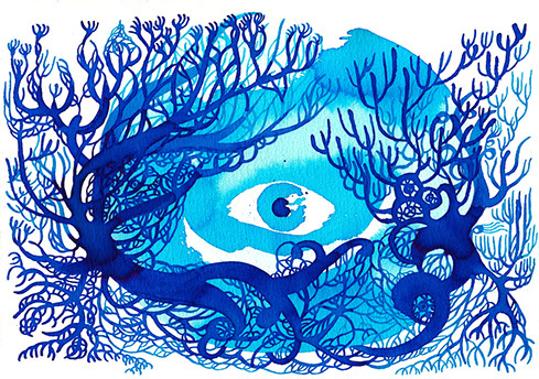 Illustration of an eye betwen dark trees and bushes