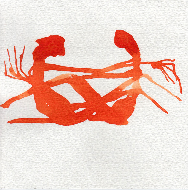Red watercolor illustration of a two figures