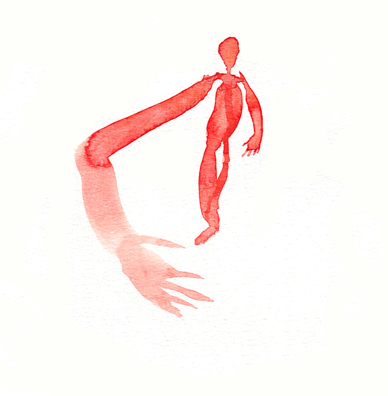 Red watercolor illustration of a figure offering a handshake