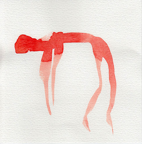Red watercolor illustration of a figure freefalling