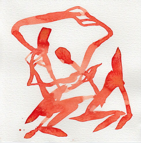 Red watercolor illustration of two figures holding hands