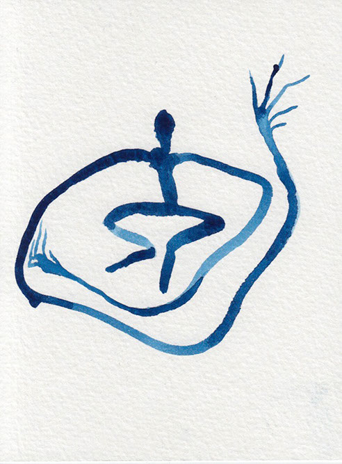 Blue watercolor illustration of a figure with swirling arms
