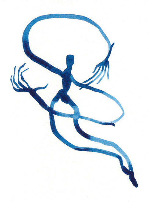Blue watercolor illustration of a figure with arms in form of infinity symbol