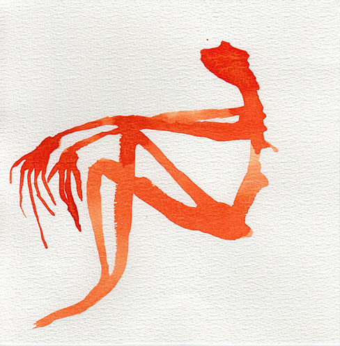 Red watercolor illustration of a figure sitting with hands on knees
