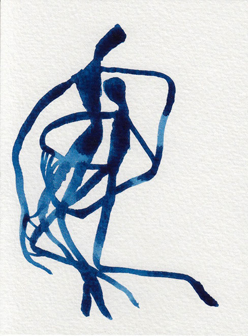 Blue watercolor illustration of two figures hugging each other