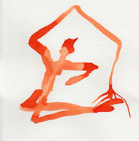 Red watercolor illustration of a figure with an arm in form of a roof