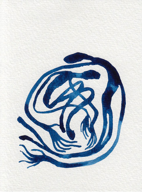 Blue watercolor illustration of two figures hugging