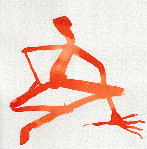 Red watercolor illustration of a figure sitting