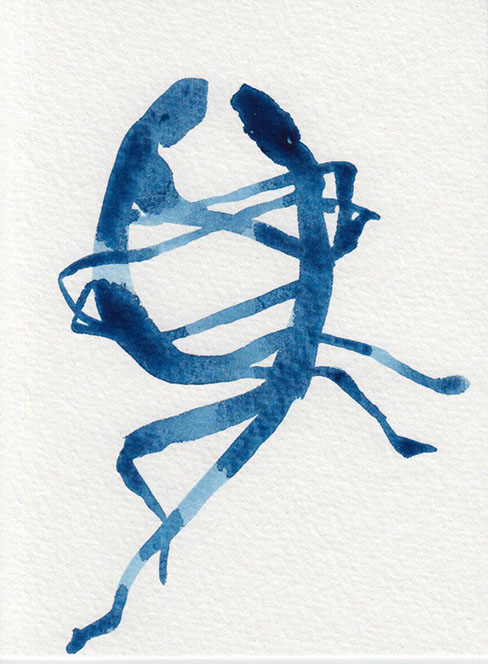 Blue watercolor illustration of two figures hugging face to face