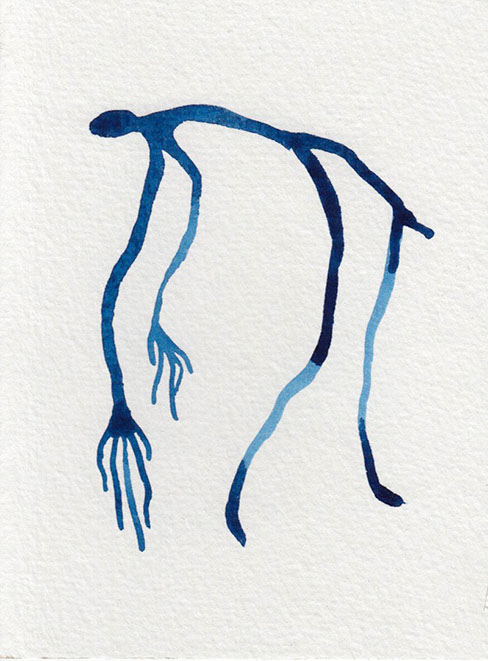 Blue watercolor illustration of a figure freefalling
